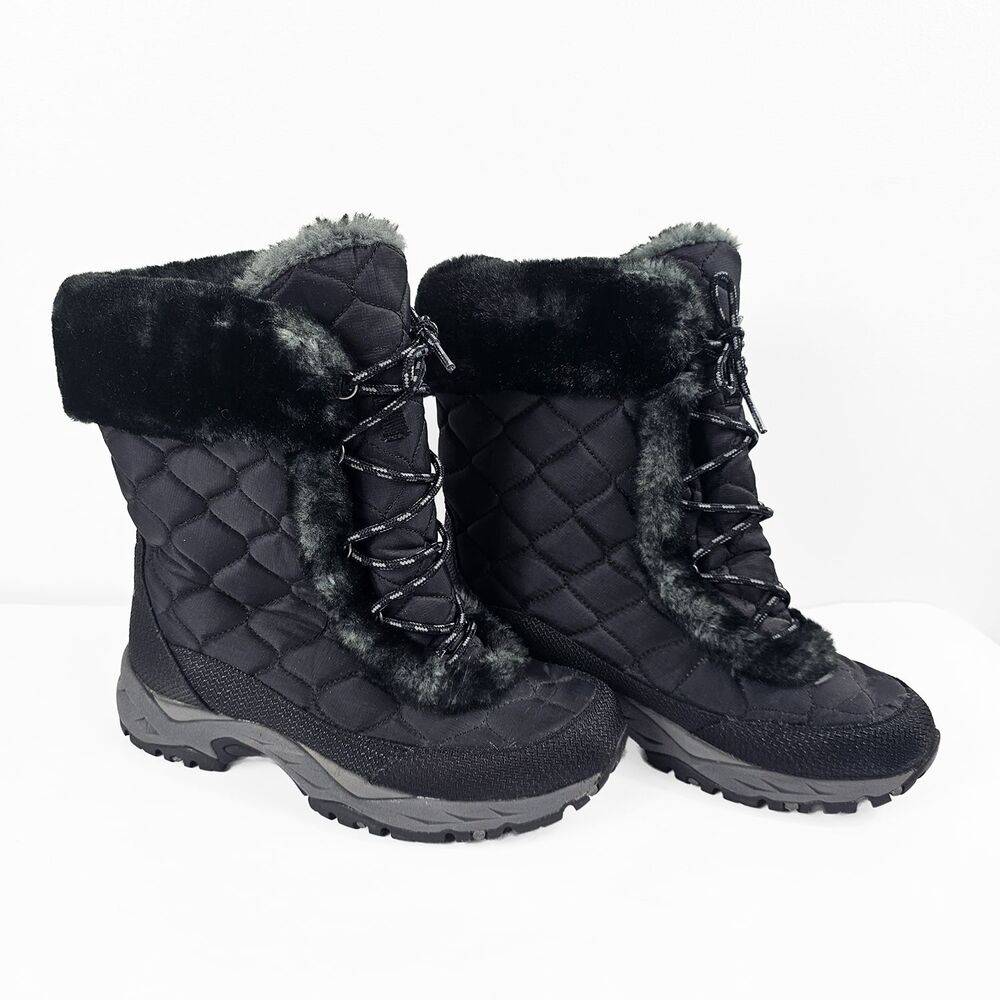 LL Bean Black and Gray Quilted Nylon Mid Calf Size 8.5 Faux Fur Snow Boots